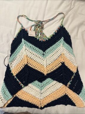 Free People Multicolor Crochet Tank Top in Navy, Cream, Mint & Peach